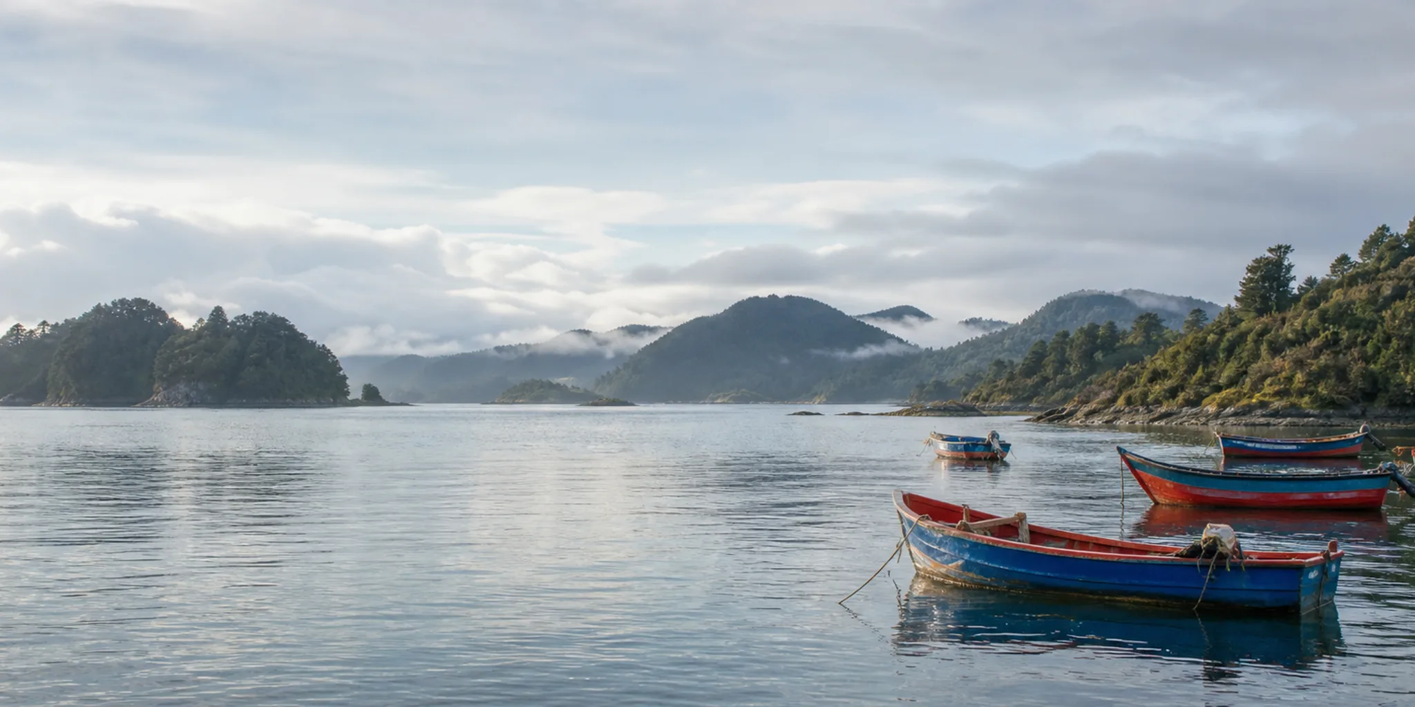 Lanchas tradicionales en el mar de Chiloé